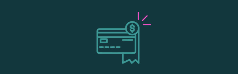 An icon of a credit card with a dollar sign on the top and a ribbon behind it with pink emphasis lines on the top right corner
