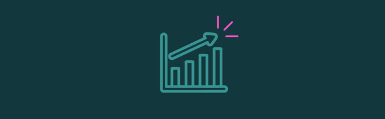 An icon of a chart with bars trending upward and pink emphasis lines on the top right corner
