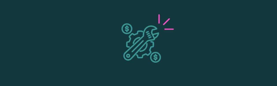 An icon of a gear with two dollar signs around the corners and a wrench on top with pink emphasis lines on the top right corner