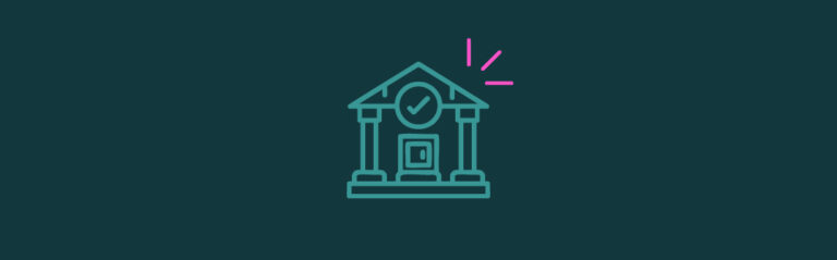 A bank icon with pink emphasis lines on the top right corner