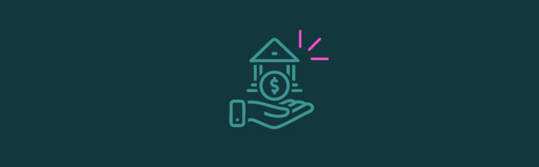 An icon of a hand holding a coin in front of a bank with pink emphasis lines on the top right corner