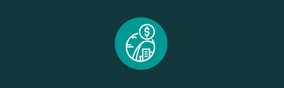 An icon of the St. Louis Gateway arch skyline in a circle with a dollar sign above it