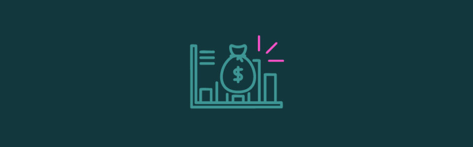 A graphic of a bar graph with a money bag on top and pink emphasis lines on the top right corner
