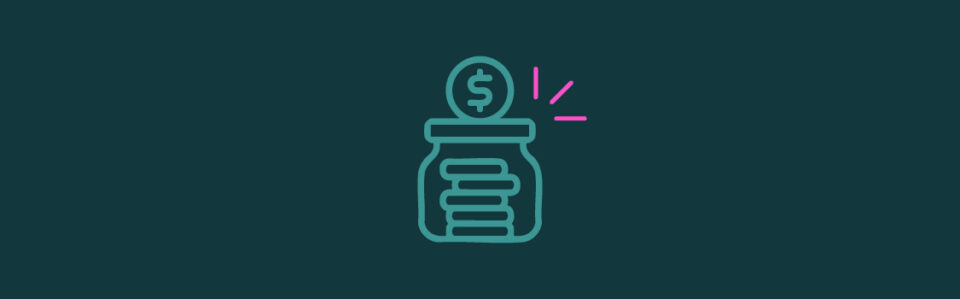 An icon of a jar with coins stacked inside and one at the top with pink emphasis lines on the top right