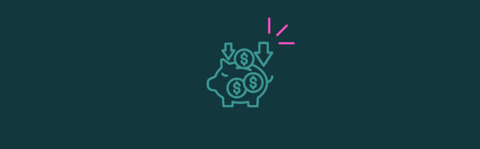 An icon of coins going into a piggy bank with pink emphasis lines at the top right corner