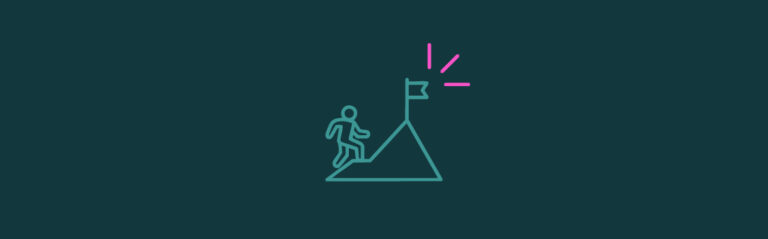 An icon of a person hiking a hill to a flag with a pink emphasis lines