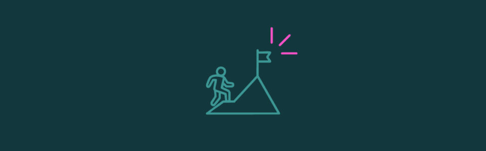 An icon of a person hiking a hill to a flag with a pink emphasis lines