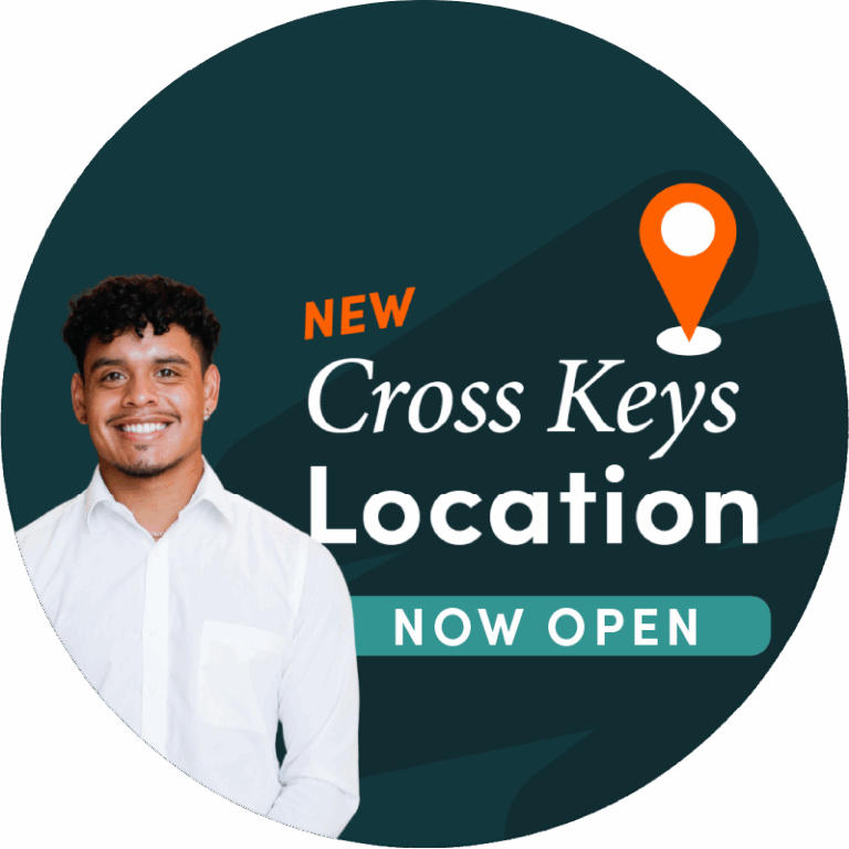 A circle graphic that says New Cross Keys Location Now Open with a location pin on the right and an employee representative on the left