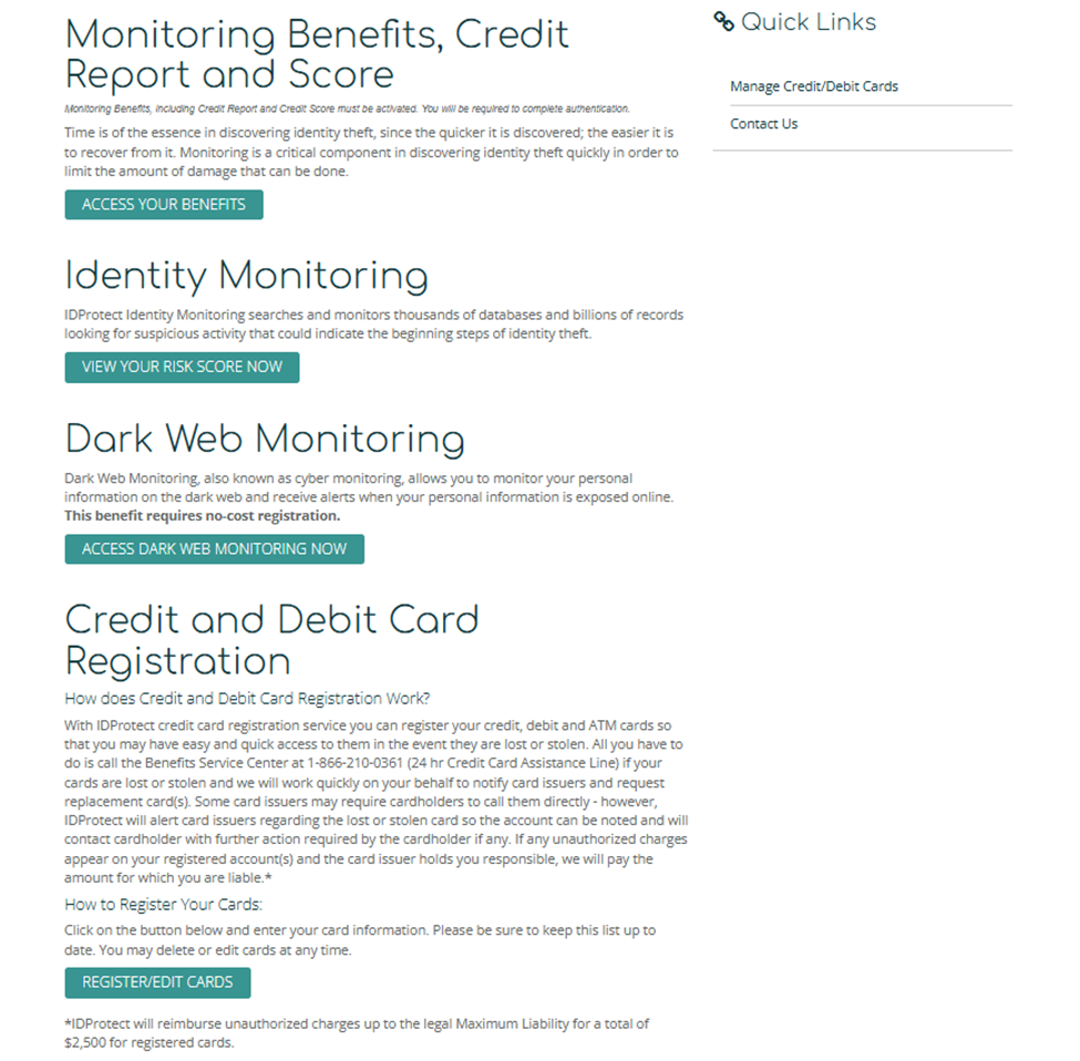 Online banking screenshot of the identity protection tab continued