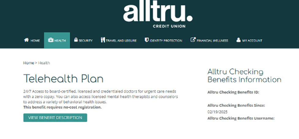 Online banking screenshot of telehealth benefits
