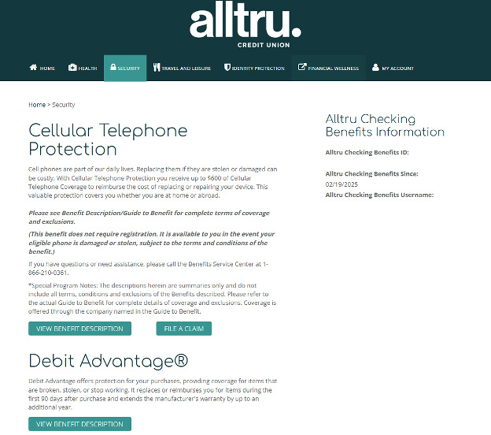 Online banking screenshot of security benefits including cellphone protection and debit advantage