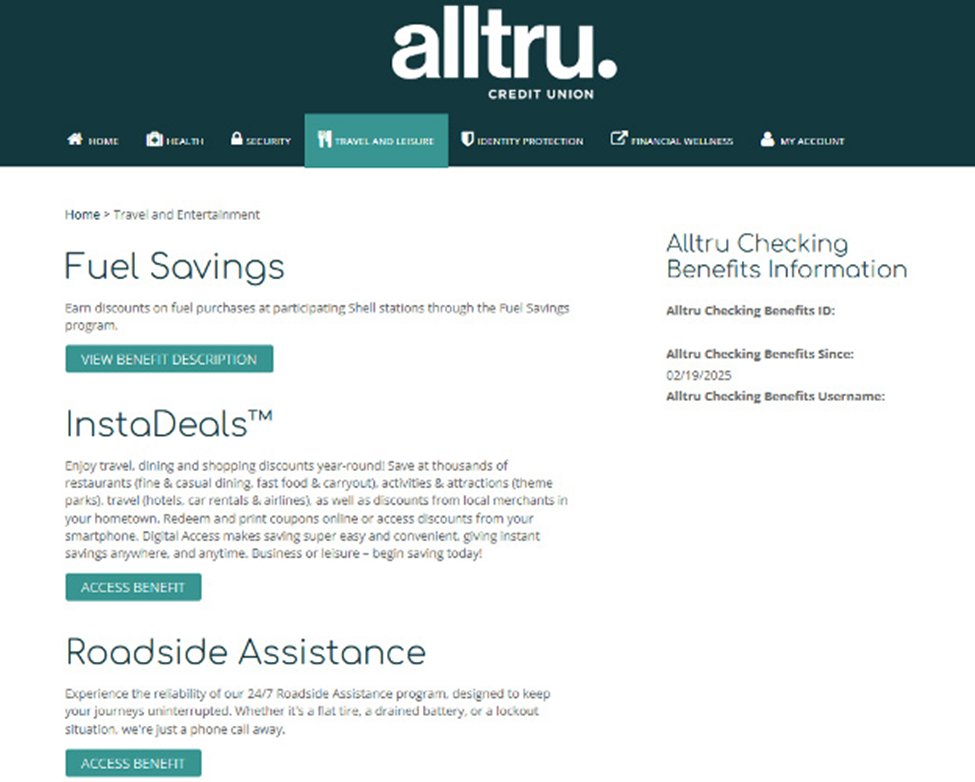 Online banking screenshot of fuel savings, instadeals, and roadside assistance