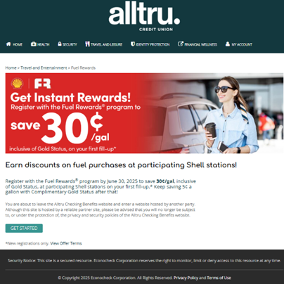 Online banking screenshot of fuel savings registration