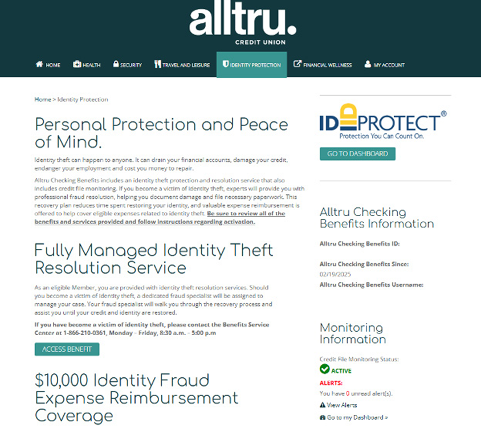 Online banking screenshot of the identity protection tab