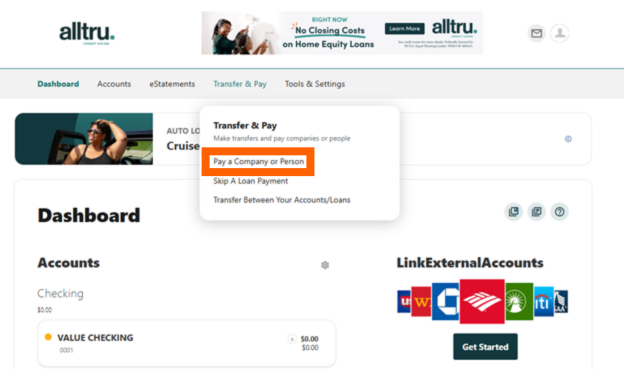 Online Banking screenshot with Pay a Company or Person in an orange box