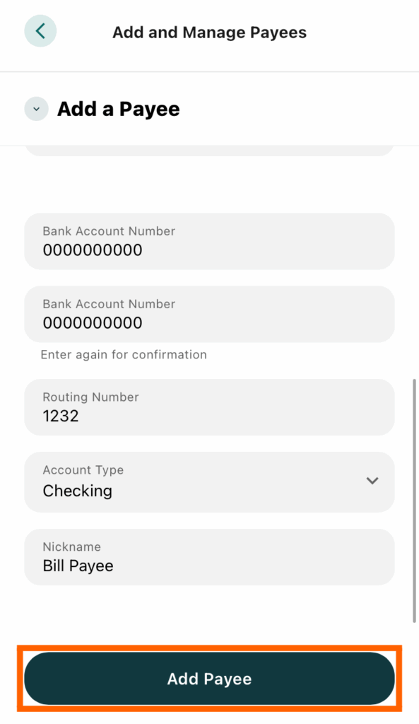 Mobile banking screenshot with the Add a Payee page with the Add Payee button in an orange box