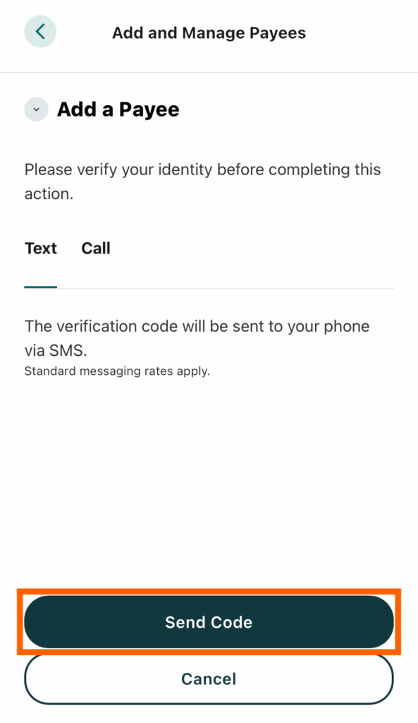 Mobile banking screenshot of the Add a Payee page with the Send Code button in an orange box