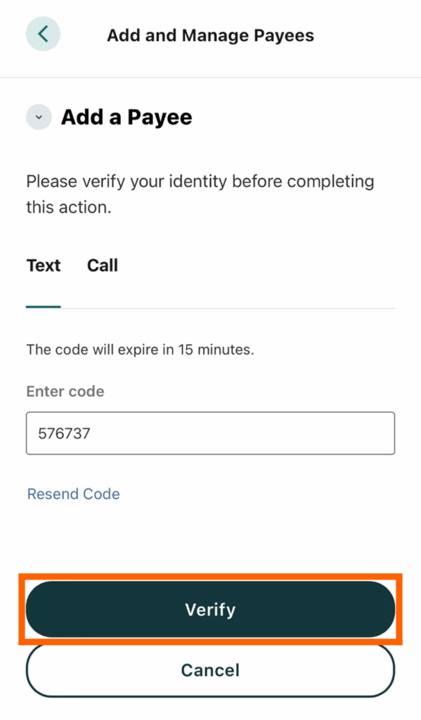Mobile banking screenshot of the Add a Payee page with a verification code typed in and the Verify button in an orange box