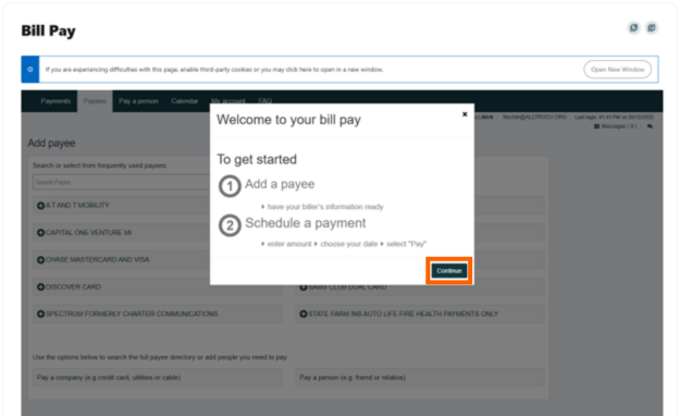 Online Banking screenshot that says welcome to your bill pay with the continue button in an orange box