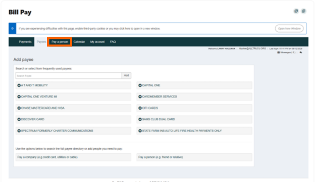 Online Banking Bill Pay screenshot with the Pay a person tab in an orange box
