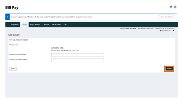 Online Banking bill pay screenshot of the add a payee tab and the submit button in an orange box
