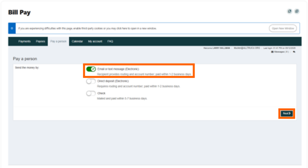 Online banking bill pay screenshot with Email or text message delivery toggled on inside an orange box and the next button in an orange box