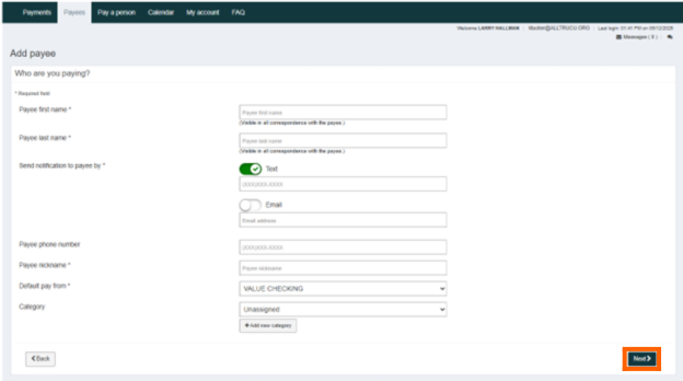 Online Banking bill pay screenshot with the add payee fields blank. The next button is in an orange box