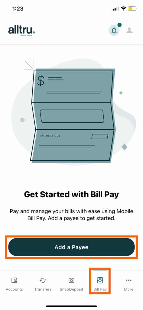 Mobile Banking screenshot of the Get started with Bill Pay screen and the Add a payee button in an orange box