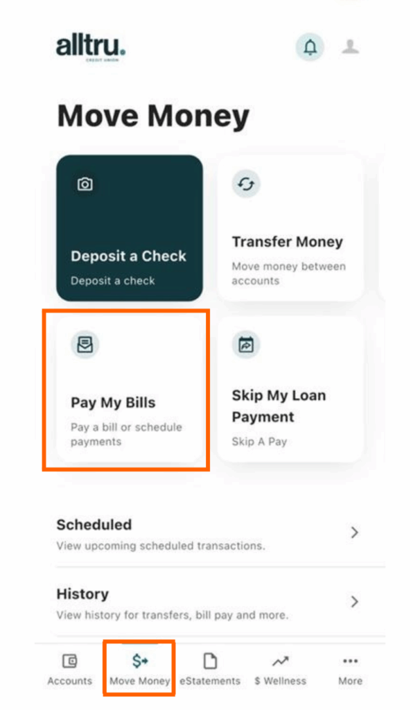 Mobile Banking screenshot of the Move Money tab in an orange box and the Pay My Bills button in an orange box