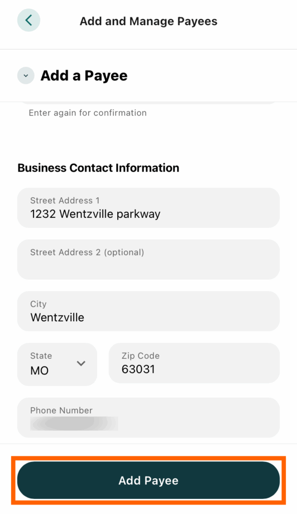 Mobile banking screenshot of the Add a Payee screen with the Add Payee button in an orange box
