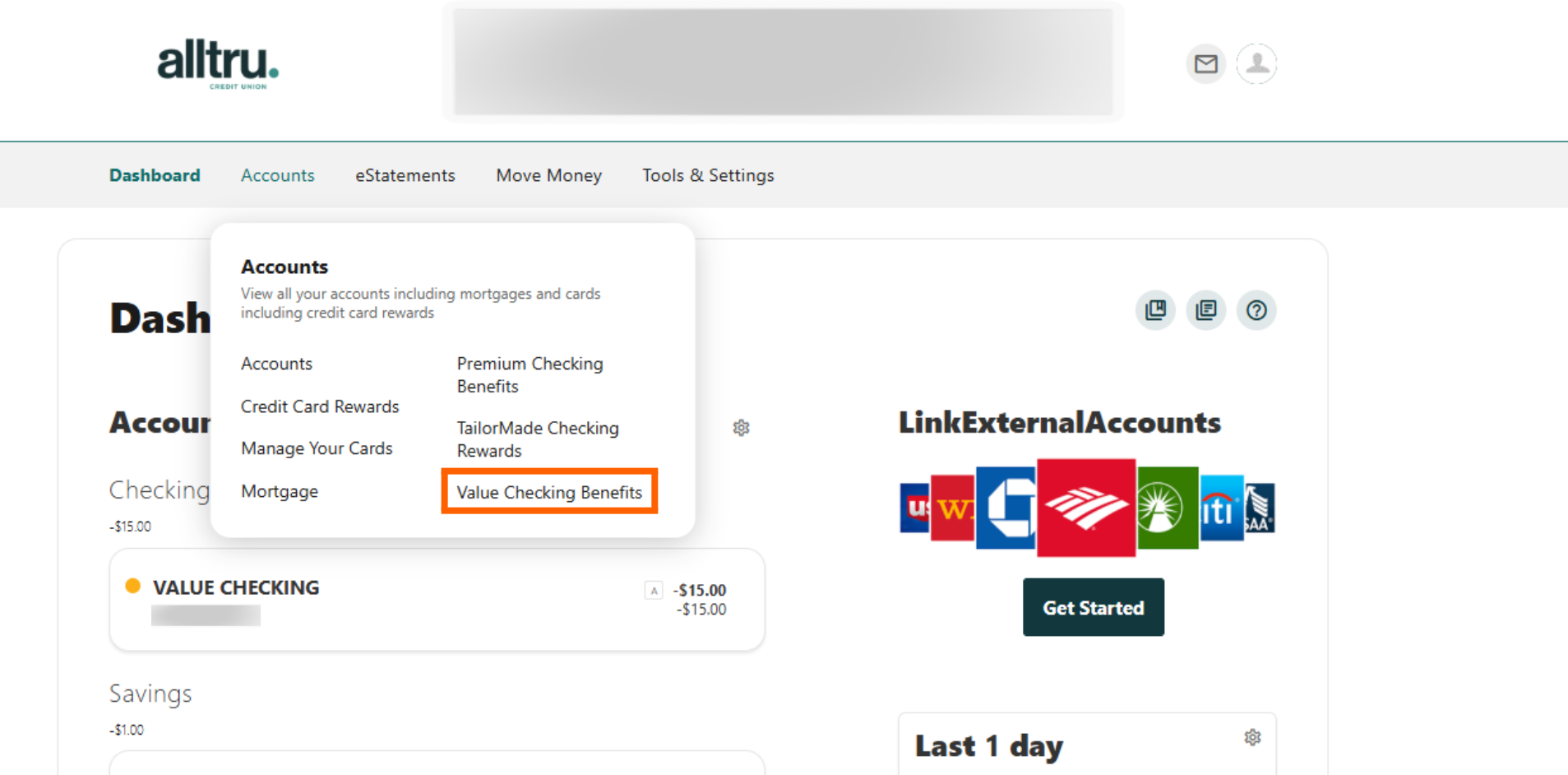 Online banking screenshot of the accounts menu with Value Checking Benefits in an orange box