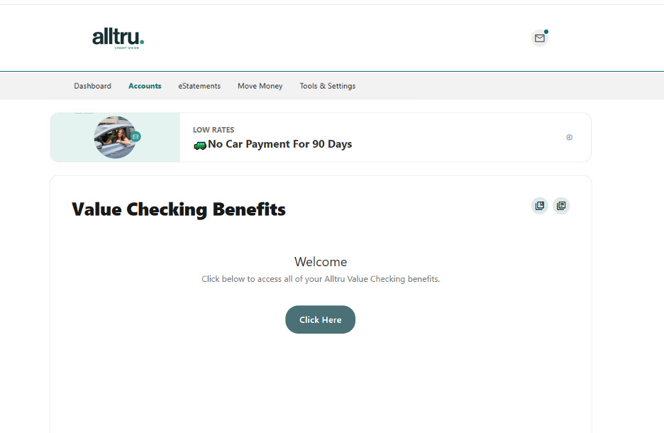 Online banking screenshot of value checking benefits