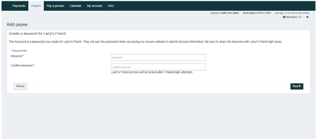 Online Banking bill pay screenshot of creating a password for the receipient