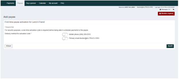 Online Banking screenshot of add payee and notify options of mobile phone or text