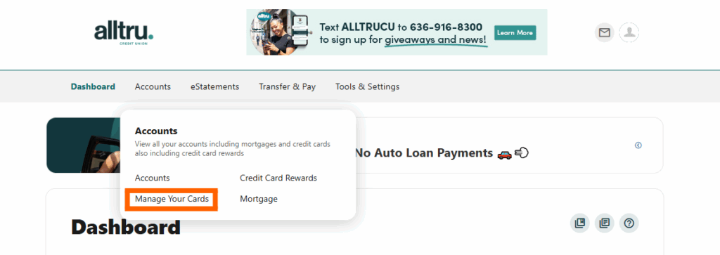 Online banking screenshot of the dashboard with an orange box around Manage your cards