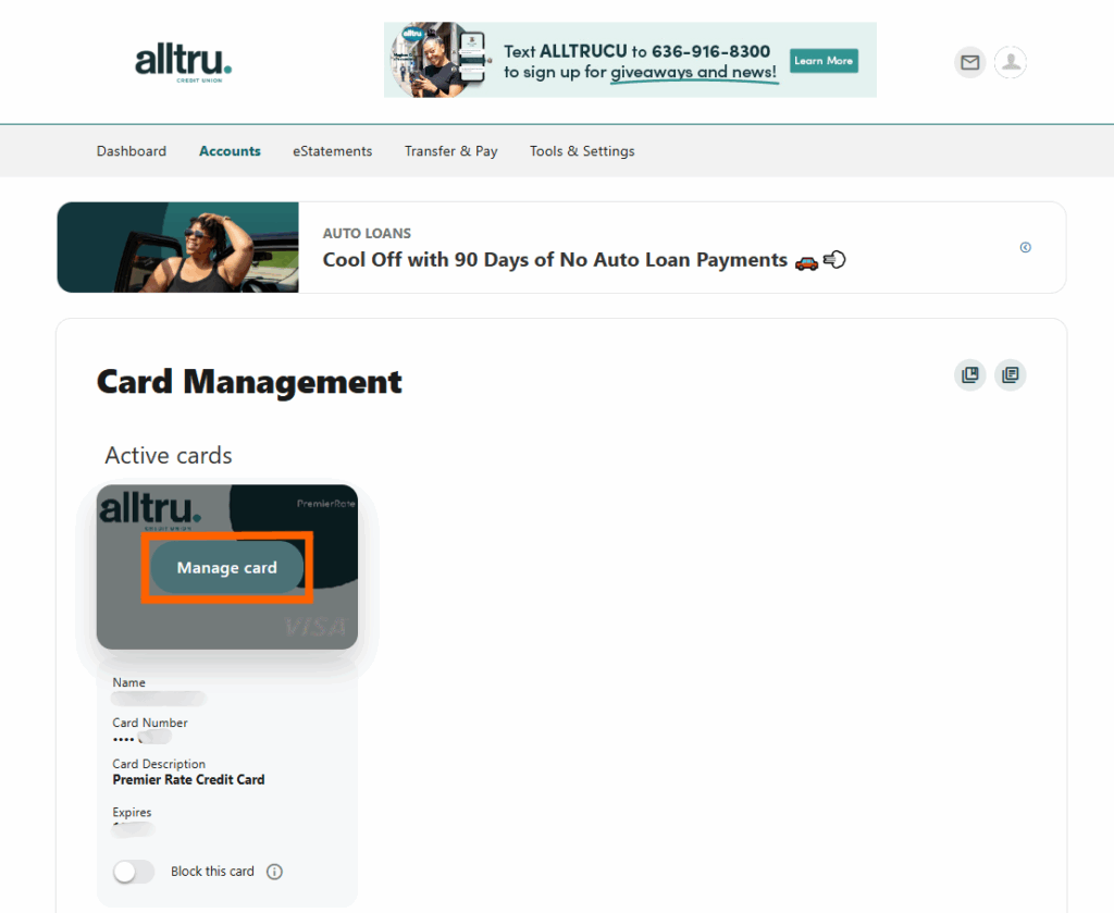 Online banking screenshot of card management page with the Manage card button in an orange box