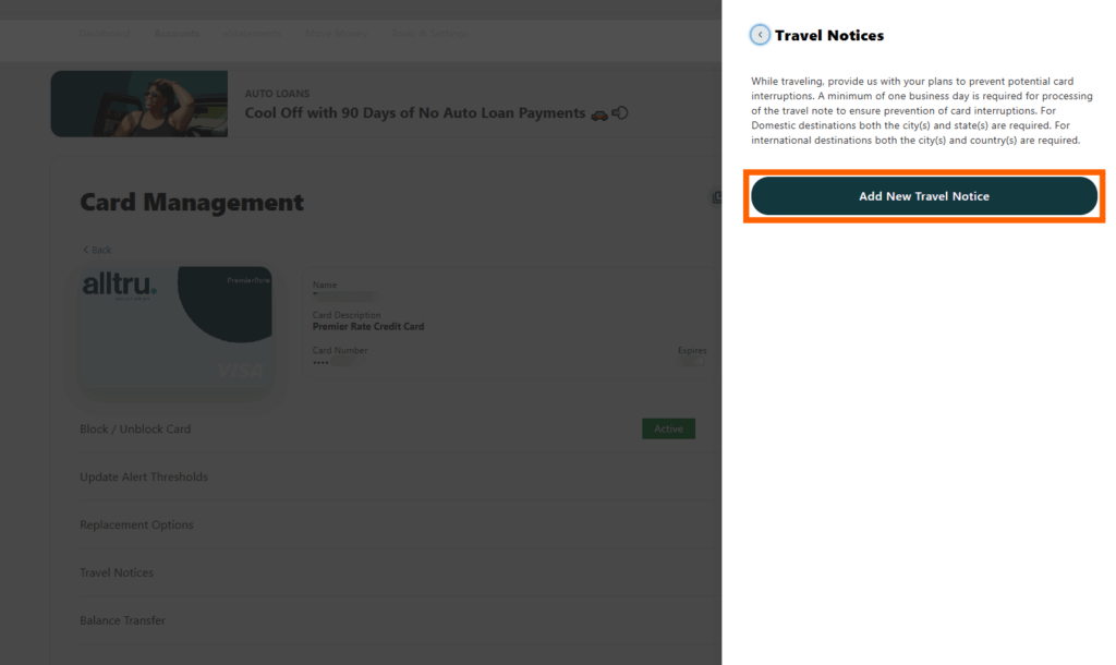 Online banking screenshot of the card management page with travel notices none scheduled in an orange box