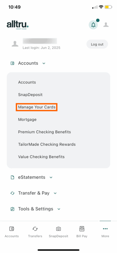 Mobile banking screenshot of accounts options with Manage your cards in an orange box