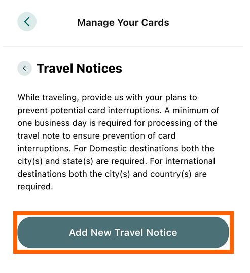 Travel notice page with add new travel notice button in an orange box