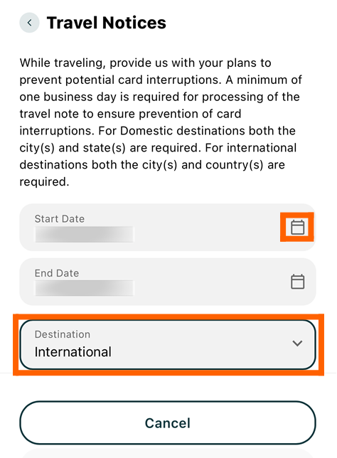 Travel notice screenshot with the state date calendar icon and destination dropdown in an orange box