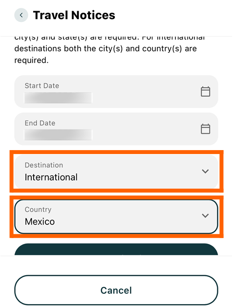 Travel notice screenshot with the destination dropdown and country dropdown in an orange box