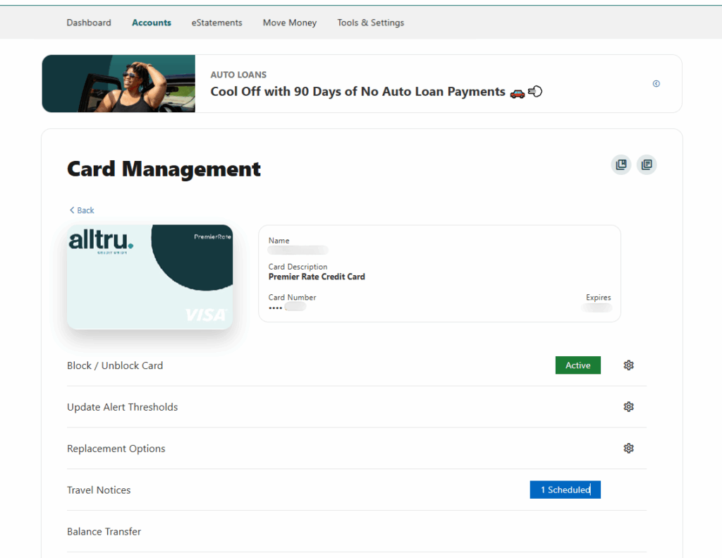 Card management page with 1 scheduled travel notice