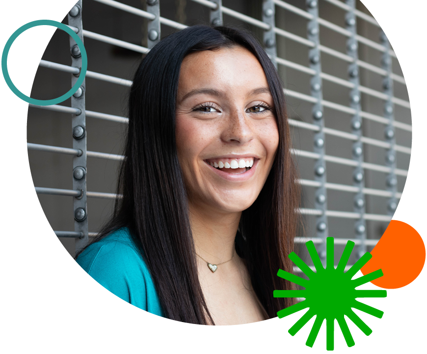 Teen Checking | Alltru Credit Union | St. Louis, MO A photo of Alltru teen member Emma smiling in a circle shape with embellishments around the photo