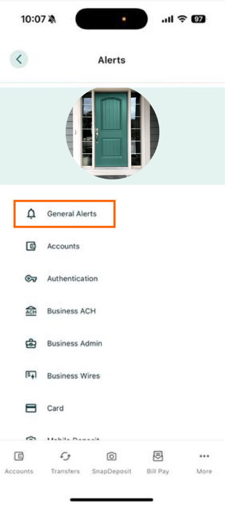 Mobile banking screenshot of the Alerts page with General Alerts in an orange box