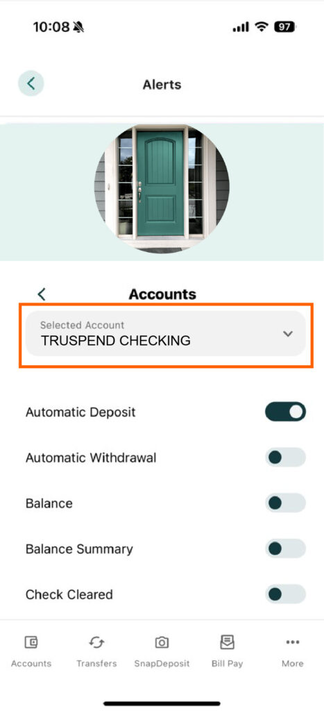 Mobile banking screenshot of the Accounts page with TruSpend Checking in the dropdown in an orange box