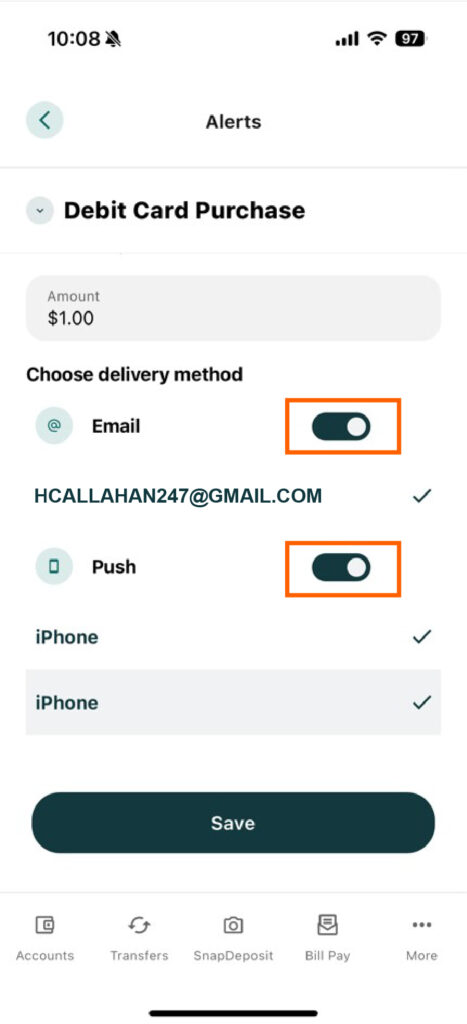 Mobile banking screenshot of the Alerts page with Email and Push delivery turned on