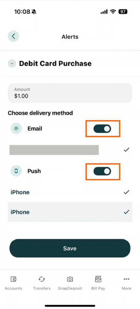 Mobile banking screenshot of the Alerts page with Email and Push delivery turned on