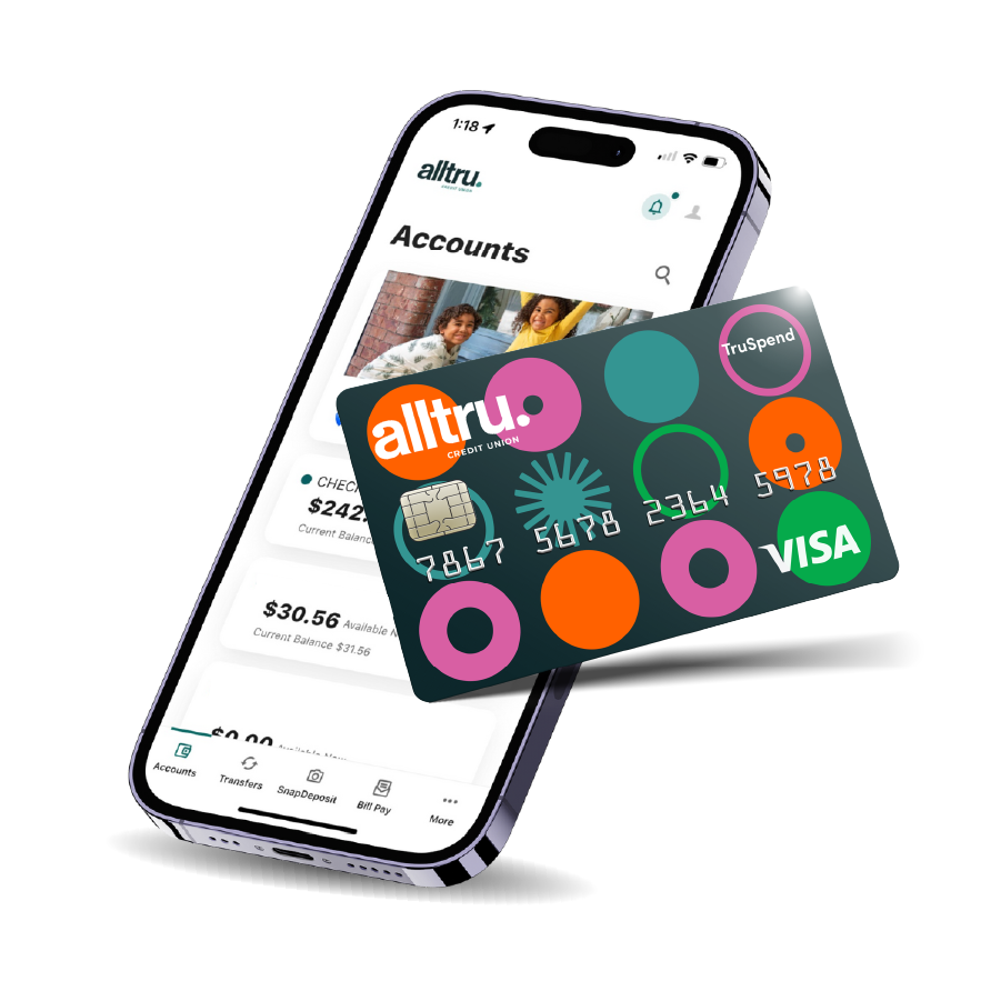 A photo of the Alltru mobile banking app behind a TruSpend Checking debit card