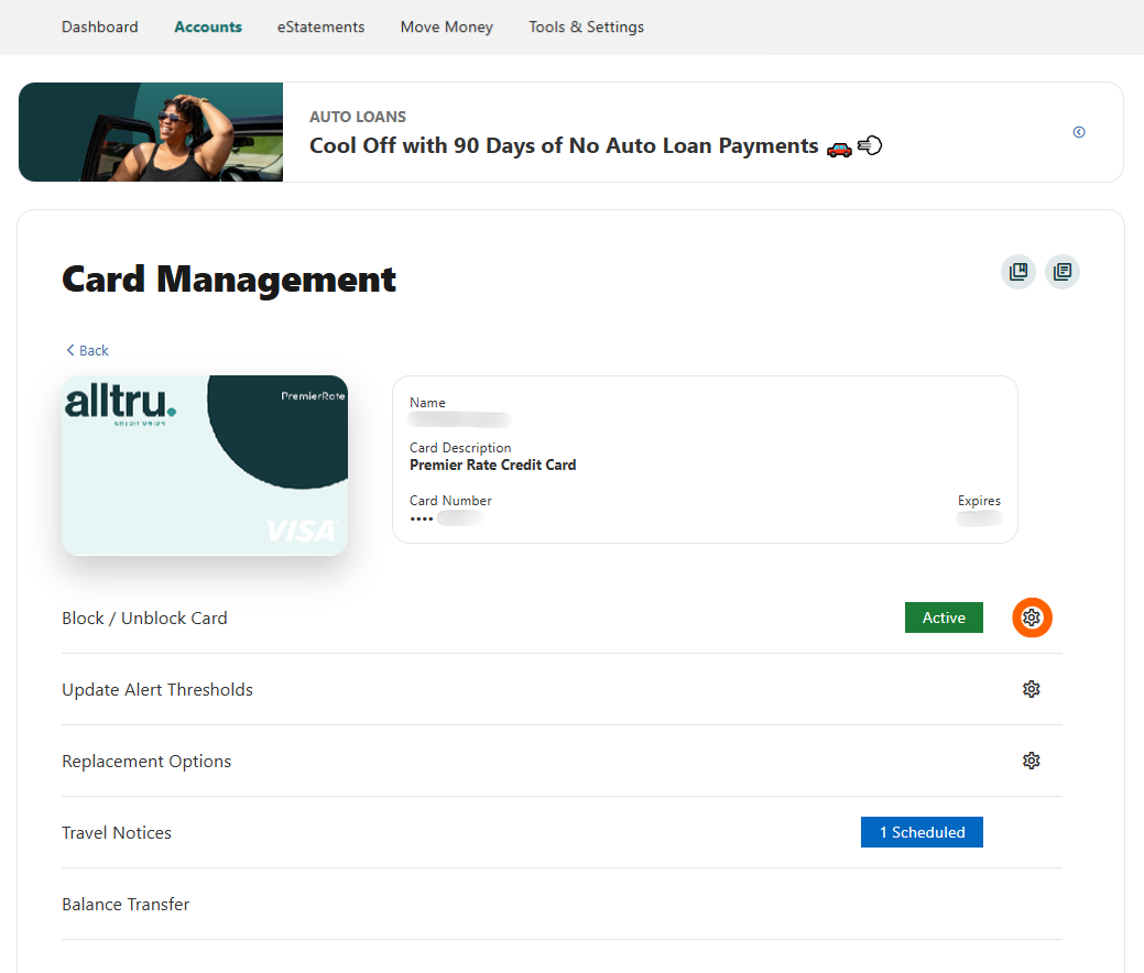 Online banking screenshot of card management with an orange circle over the settings icon for block/unblock card