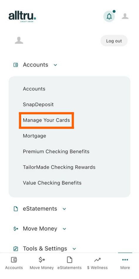 Mobile banking screenshot of More options with an orange box around the Manage Your Cards widget